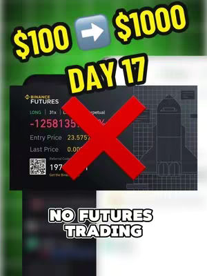 The cover image is a vertical graphic advertising cryptocurrency trading. It has a green background with text overlays in yellow. At the top, it shows "$100 -> $1000," with a blue arrow indicating the transformation. Below, it states "DAY 17." The center has a screenshot of a Binance Futures trading interface, overlayed with a large red "X", and at the bottom it states: "NO FUTURES TRADING".