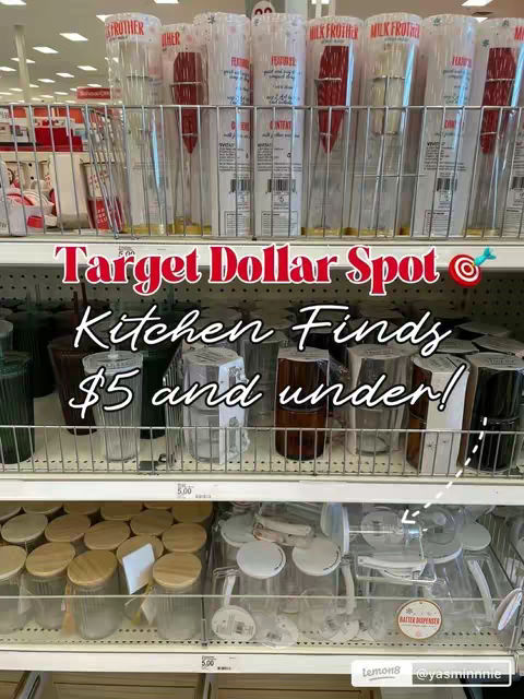 A photograph of store shelves filled with kitchen-related items in a Target store’s Dollar Spot section. The shelves are stocked with various products, including milk frothers and other kitchen accessories. The image emphasizes the inexpensive pricing, displayed in both the hook and the caption.