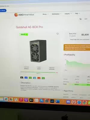 The cover image displays a computer screen showing a product page for a Goldshell AE-BOX Pro crypto mining device.  The screen is bright with text and graphics. The device itself is a small, dark rectangular box with two fans visible. The layout includes pricing information, a description, and profitability charts.
