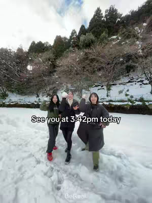 Three young women are in a snowy outdoor scene, each holding a snowball. They are smiling and appear to be enjoying themselves. The background features snow-covered ground, trees, and a cloudy sky.