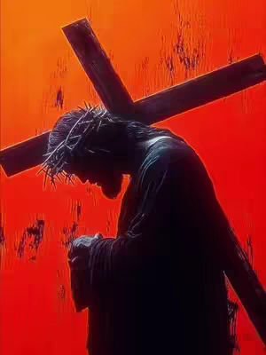 A silhouette of Jesus carrying the cross, with a crown of thorns, against a red background. The image is composed of high contrast with the dark figure and bright red backdrop.
