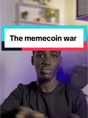A man in a black shirt with a slightly pursed face is in the center of the frame. Above him is a rectangle split with light blue color and above the blue a red color. The words The memecoin war are written in white. Behind him, there is a shelf. The image has a purple and blue hue. Soft lighting.