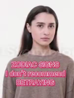 A young woman is centered in the frame, against a plain white background. She has long, dark hair and is wearing a brown sweater. Overlaid on her image is colorful text that states, "ZODIAC SIGNS I don't recommend BETRAYING."