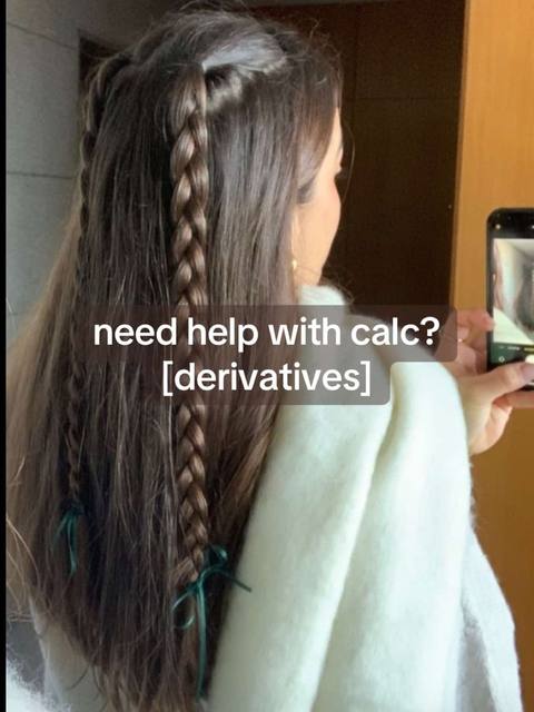 A young woman is seen from the back, facing towards a phone in her right hand, with her long brown hair styled in braids. Text overlays asking if the viewer needs help with calculus.
