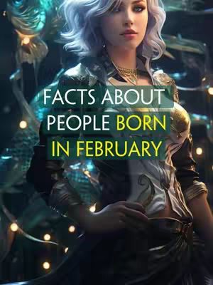 A digital artwork featuring a woman in a fantasy setting. She has light hair and is adorned in a modern, metallic outfit. Overlayed text spells out 'Facts About People Born In February' in a green, square-bordered design.