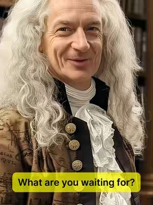 The cover image features a man dressed in 18th-century attire with white wig, smiling at the camera. A yellow banner at the bottom reads, "What are you waiting for?". The background is slightly blurred, suggesting a study setting, with bookshelves visible