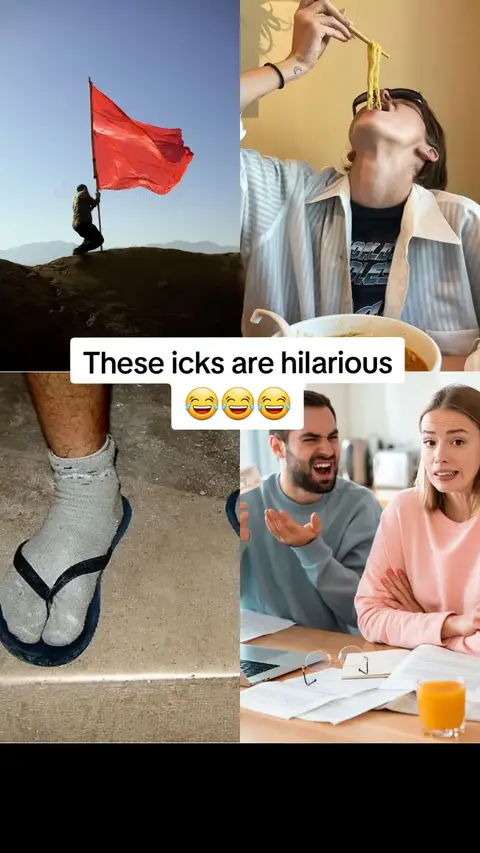 The cover image is a collage of four separate images. The top left shows a person holding up a red flag on a hilltop. The top right shows a person eating noodles with chopsticks. The bottom left shows a foot wearing a sock and flip-flops. The bottom right shows a man laughing with a woman looking concerned.