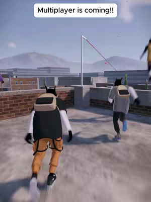 The cover image depicts a rooftop scene from a video game, with two characters in black cat-like masks and backpacks running towards the right. Building outlines and a blue sky serve as the backdrop. Text overlay reading "Multiplayer is coming!!" is visible at the top of the image.