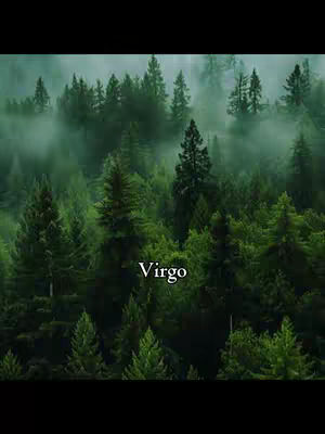 A dense forest filled with evergreens shrouded in mist, with the text 'Virgo' overlaid in the center.