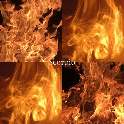 A collage of four sections of swirling flames, primarily in shades of orange and yellow, set against a black background. The word "Scorpio" is overlaid in white text across the bottom.