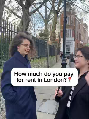 A shot of two people standing and talking on a street in front of a building. Text overlays show a question about rent in London, with the pin emoji.
