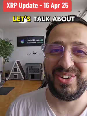 A man with glasses smiles into the camera. Overlay text in the top banner reads "XRP Update - 16 Apr 25" in a red background. Text overlay says 'LET'S TALK ABOUT' in a yellow background. Behind him is what appears to be an office. Some decor can be seen behind him and in the top corner of the room.
