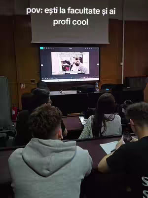 The cover image shows the back of several students in a lecture hall, focused on the presenter's slides displayed on a large screen. The text overlay reads 'pov: ești la facultate și ai profi cool'.