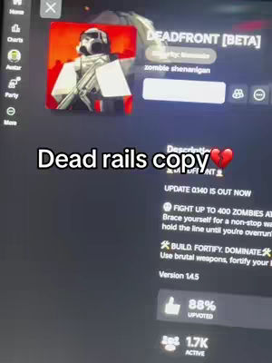 The cover image displays a Roblox game interface on a screen and contains the title DEADFRONT [BETA]. The image features the game's logo, which includes a figure in a futuristic suit holding a weapon against a red backdrop. Overlayed text states "Dead rails copy", followed by a heart emoji.