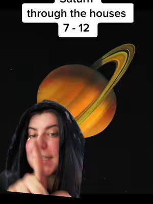 A woman with dark hair is pointing her finger towards the viewer. Behind her is a digitally created image of the planet Saturn with its iconic rings. Above her head is the text "Saturn through the houses 7-12" in a white rectangle.
