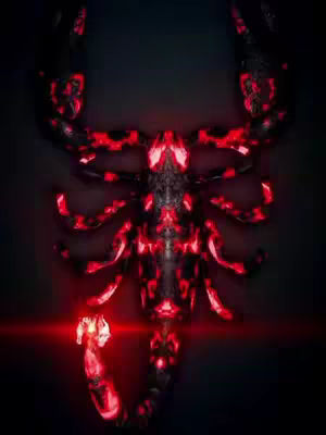 A close-up image of a stylized scorpion, rendered with a dark background and highlighted with glowing red lines and elements. The scorpion is centered and fills most of the frame, with its claws and tail prominently displayed. The overall effect creates a sense of mystery or danger, enhanced by the deep black backdrop.