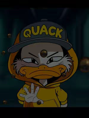 A cartoon duck character with an angry expression wearing a yellow hoodie and a baseball cap that says 'QUACK'. The background is a blurred teal color.