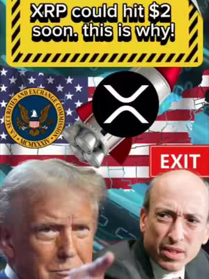 The cover image is a composite graphic featuring a mix of elements suggesting financial news and cryptocurrency. The top portion has a yellow, black-bordered sign with the text 'XRP could hit $2 soon, this is why!'. Behind it is an American flag along with the seal of the Securities and Exchange Commission. A rocket with the XRP logo on its nose is aimed towards the American flag. Below this are images of Donald Trump pointing and Gary Gensler. The overall composition is a collage, with a sense of urgency and a focus on financial speculation.