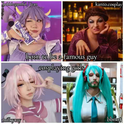 A square collage features four images. The top left shows a person in a purple cow-themed cosplay holding a candy bar, the top right features a person dressed up in drag, the bottom left shows a person in a pink cosplay, and the bottom right has a person in a blue cosplay. Text overlays identify each cosplayer and a central message.