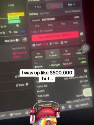 A screenshot of an app interface, likely related to cryptocurrency trading. The interface displays real-time trading data, including buy/sell options, amounts, and profit/loss figures. A text overlay states 'I was up like $500,000 but...'