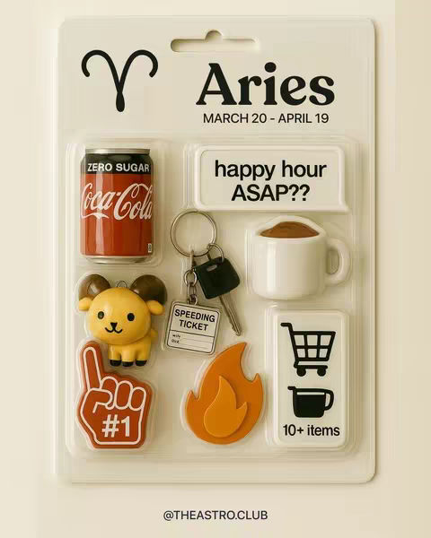 A clear plastic blister pack containing miniature Aries-themed items. The background is off-white. The items are arranged in a grid, each in its own compartment. From top left, they include a ram glyph, the word "Aries" in bold black font, the Coca-Cola logo, a sign saying "happy hour ASAP??", a plush ram, a key with a 'SPEEDING TICKET' tag, a flame icon, and a hand gesture sign, and a cup of coffee icon with the text '10+ items'. The color palette consists of reds, blacks, and whites with some elements of orange and yellow.