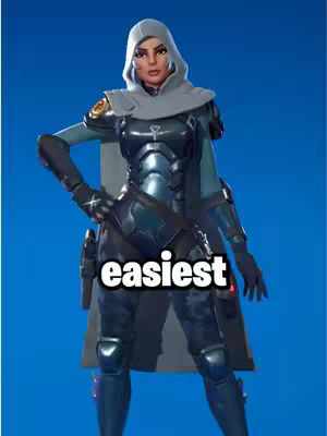 Image featuring a character from Fortnite standing in front of a blue background. The character is a female figure in futuristic armor with a gray hooded helmet. The word 'easiest' appears in a white box with a black outline at the bottom center.