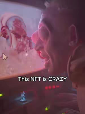 The cover image is a close-up shot of a person's face in profile, reacting to something on a computer screen. The person, likely male, has a wide-eyed expression and open mouth, suggesting surprise or excitement. The background shows a section of a digital image, possibly an NFT or artwork, with blurred colors. Text overlayed in white reads "This NFT is CRAZY." The overall aesthetic is slightly distorted with a purple and red color palette.