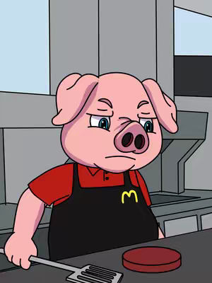 An animated image of a pig wearing a red shirt and black McDonald's apron, holding a spatula. The pig has a grumpy expression, set against a stylized restaurant background.