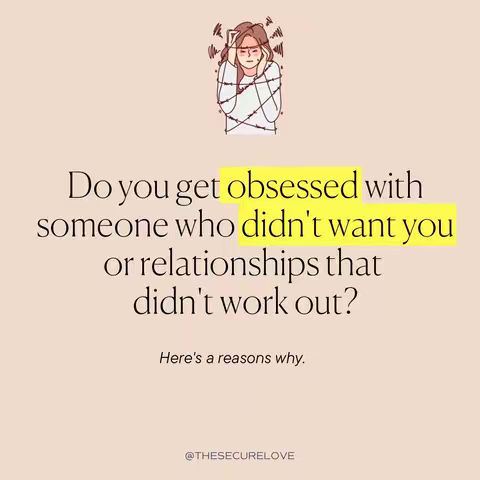 The cover image features a pastel background. A small illustration of a woman with lines representing stress or worry is at the top. Below it, the question 'Do you get obsessed with someone who didn't want you or relationships that didn't work out?' is displayed in a clean font. Below this, it reads 'Here's a reasons why.' in smaller font. The creator's username is at the bottom.