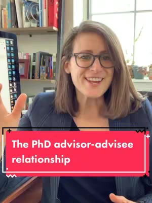 A woman with glasses smiles while facing the camera. There is a red banner that has information about the video. The shelf of books at the background provide context.