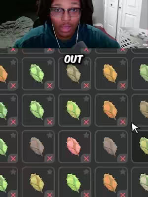 A person wearing glasses is positioned in the top half of the image, looking towards the viewer with a neutral expression. Below, a grid displays various leaf-like icons within dark boxes. The word 'OUT' is prominently displayed in the center of the leaf grid.