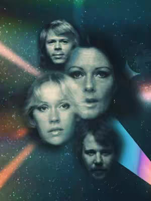 The image is a stylized, artistic depiction of ABBA members with their faces overlaid and blended against a dark, starry background. Four faces—two women and two men—are visible, arranged in a cluster, with the starry background creating a sense of depth. Rays of light and colored streaks emanate, enhancing the overall dreamy and ethereal atmosphere.