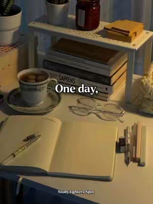 A well-lit image of a desk with a cup of coffee, a stack of books, and an open notebook. Text overlays on the image read, "One day," and the name of the channel at the bottom, "Study Fighters Spot". The color palette is warm, with neutral tones and a soft light shining on the scene.