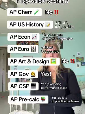 A young woman stands in front of a light blue wall. On the wall, there are various framed pictures. In front of her are multiple white boxes with black outlined font, each containing a different AP exam topic and some type of emoji or visual aid, along with a 'Yes' or 'No' answer with some further detail.