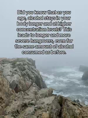 A scenic view of a rocky coastline with the ocean in the background. Text overlayed in the middle of the frame shares information about alcohol consumption and aging.