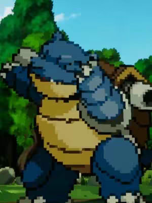 A pixelated Blastoise character is shown from the waist up, facing to the left with arms raised as if ready to attack. The colors are primarily blue, with a yellow underbelly and a brown shell. The background shows a hint of a green forest and a clear blue sky.