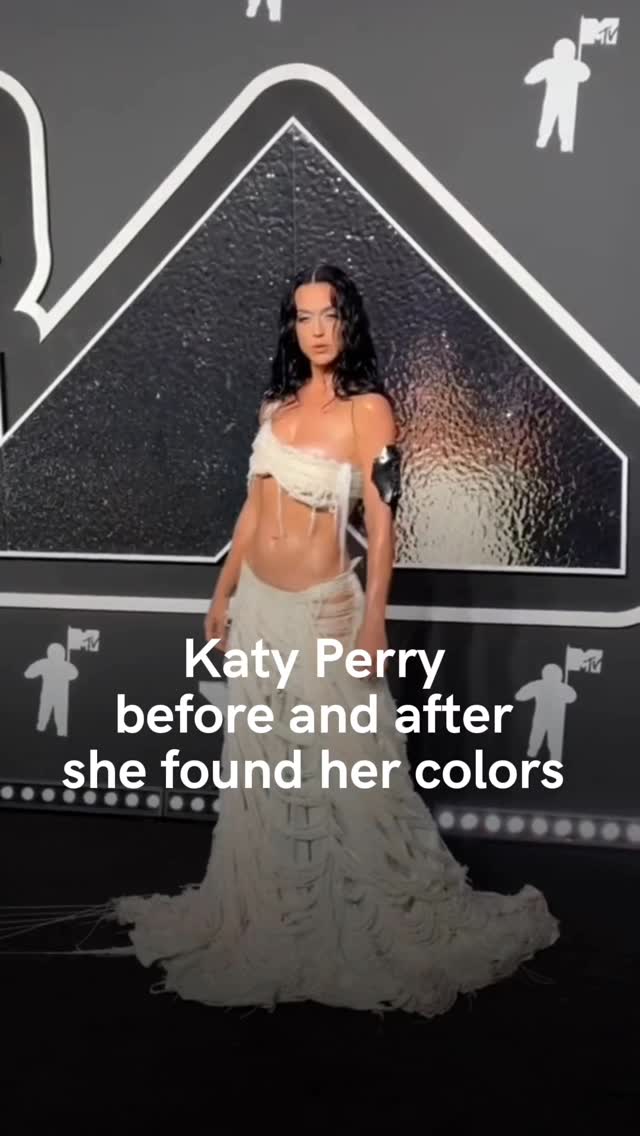 The cover image features Katy Perry in a white, shredded dress standing in front of a black and silver backdrop. Text overlayed reads "Katy Perry before and after she found her colors".