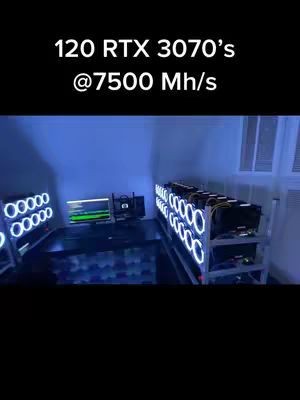 The image shows a room filled with cryptocurrency mining hardware. Rows of computer rigs, each containing multiple graphics cards with illuminated fans, are displayed. Text overlays at the top display technical specifications.