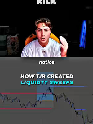 The cover image shows a young man in a white shirt speaking directly to the camera at the top, above overlaid text that reads "HOW TJR CREATED LIQUIDTY SWEEPS" and a graph of financial data.