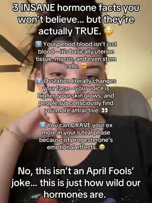 A woman with dark hair is shown in a selfie-style shot, holding the camera and looking towards it. Text over the image lists three facts about hormones. The background is slightly blurred, suggesting she is in a room or similar environment.