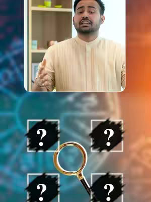 A man in a light beige shirt is addressing the viewer, presented inside a white-bordered cutout. Beneath him is a background of a gradient starting with a teal color at the top and transitions into orange at the bottom, which contains four black squares, each with a white question mark inside. A gold magnifying glass is positioned in front of the squares, with its lens overlapping one of them.
