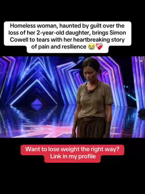 The cover image shows a woman on a stage, likely a talent show setting, looking downcast. Text overlays at the top and bottom provide context about the woman and a call to action to lose weight. The background has a blue and purple lighting scheme.