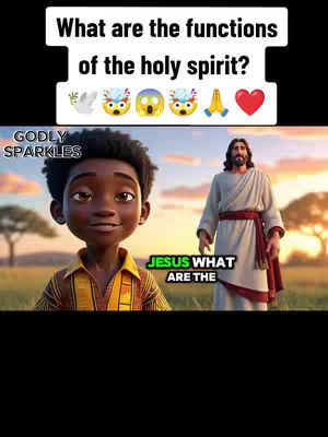The image features an animated scene with two main figures: a dark-skinned cartoon boy and Jesus. The boy stands in front, smiling with a patterned shirt and yellow collar. Jesus, depicted with long brown hair and wearing a flowing white robe with a red sash, stands behind him in a serene outdoor setting. A text overlay at the top states, "What are the functions of the holy spirit?" accompanied by various emojis. Additional text in green at the bottom reads "JESUS WHAT ARE THE." Overall, the image is bright, with a focus on the central figures, suggesting a religious or inspirational theme.