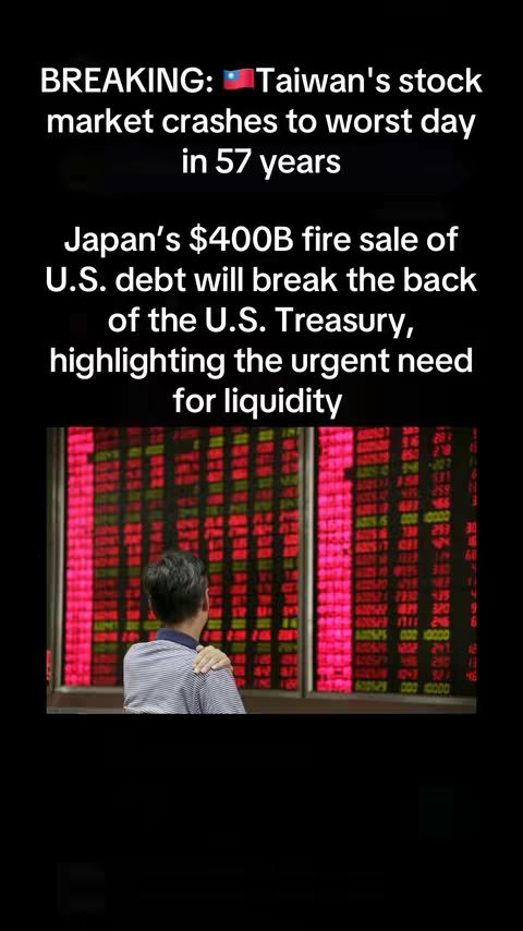 The cover image displays a dark background with white text overlaying a photo of a man observing a stock market display. The text announces breaking news about Taiwan's stock market crashing and Japan's actions impacting US debt. The photo shows a man looking at a screen displaying red and green stock numbers.