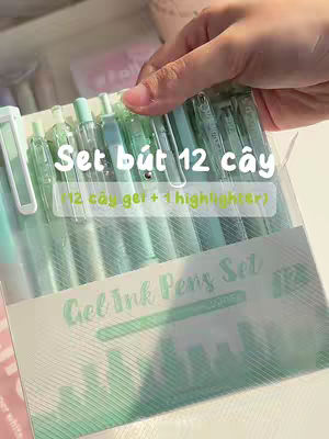 The cover image shows a close-up of a clear plastic box containing a set of green gel pens. The box is held by a person's hand, with the pens arranged neatly inside. Overlayed text describes the set as containing 12 pens and one highlighter. The overall composition is neat and organized, with a focus on the stationery product.