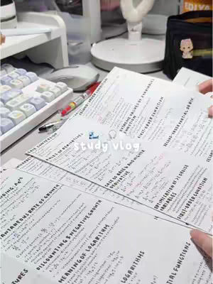 A top-down shot shows a desk covered in handwritten notes. The notes have detailed equations and text with annotations in various colors. A keyboard, mouse, pen, and a small black bag with a figure on it are also visible. The composition has a warm, academic feel due to the lighting and the focus on study materials.