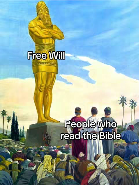 An artistic digital illustration depicts the head and shoulders of a large golden statue set against a blue sky background with white clouds. Below the statue, a crowd of people is gathered, and text overlays appear on the image.