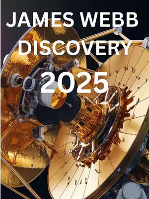 The cover image displays a detailed 3D rendering of the James Webb Space Telescope's golden mirrors and supporting structure against a dark background. Large text overlays the image, with the words "JAMES WEBB" at the top, "DISCOVERY" in the middle, and"2025" below.