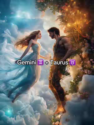A digitally crafted image shows a couple embracing amidst ethereal clouds and glowing foliage. A woman with flowing auburn hair and a light blue dress extends her arm towards a man who stands on a cloud, with a dark beard. They are the focus, with text overlayed to identify the zodiac signs Gemini and Taurus. The background consists of swirling sky and illuminated flowers, creating a romantic, dreamlike setting.