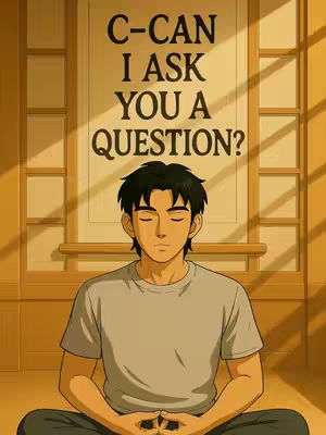 An anime-style illustration featuring a young man in a gray t-shirt and dark pants, sitting cross-legged with his eyes closed in what appears to be a meditative posture. A sign that says "C-CAN I ASK YOU A QUESTION?" is in the background and the overall composition of the image uses a warm, yellow-toned color palette.
